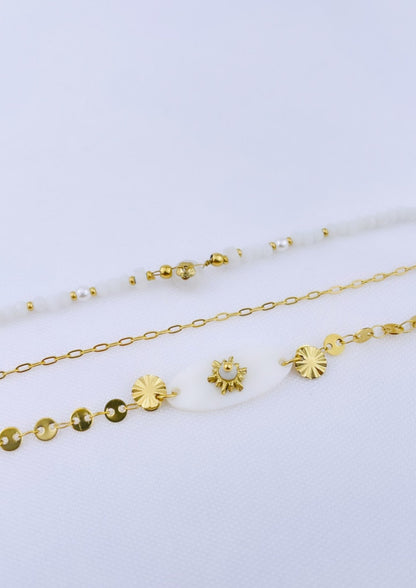 ESTELLA - Ensemble de 3 bracelets dorés, pierres naturelles et nacre
