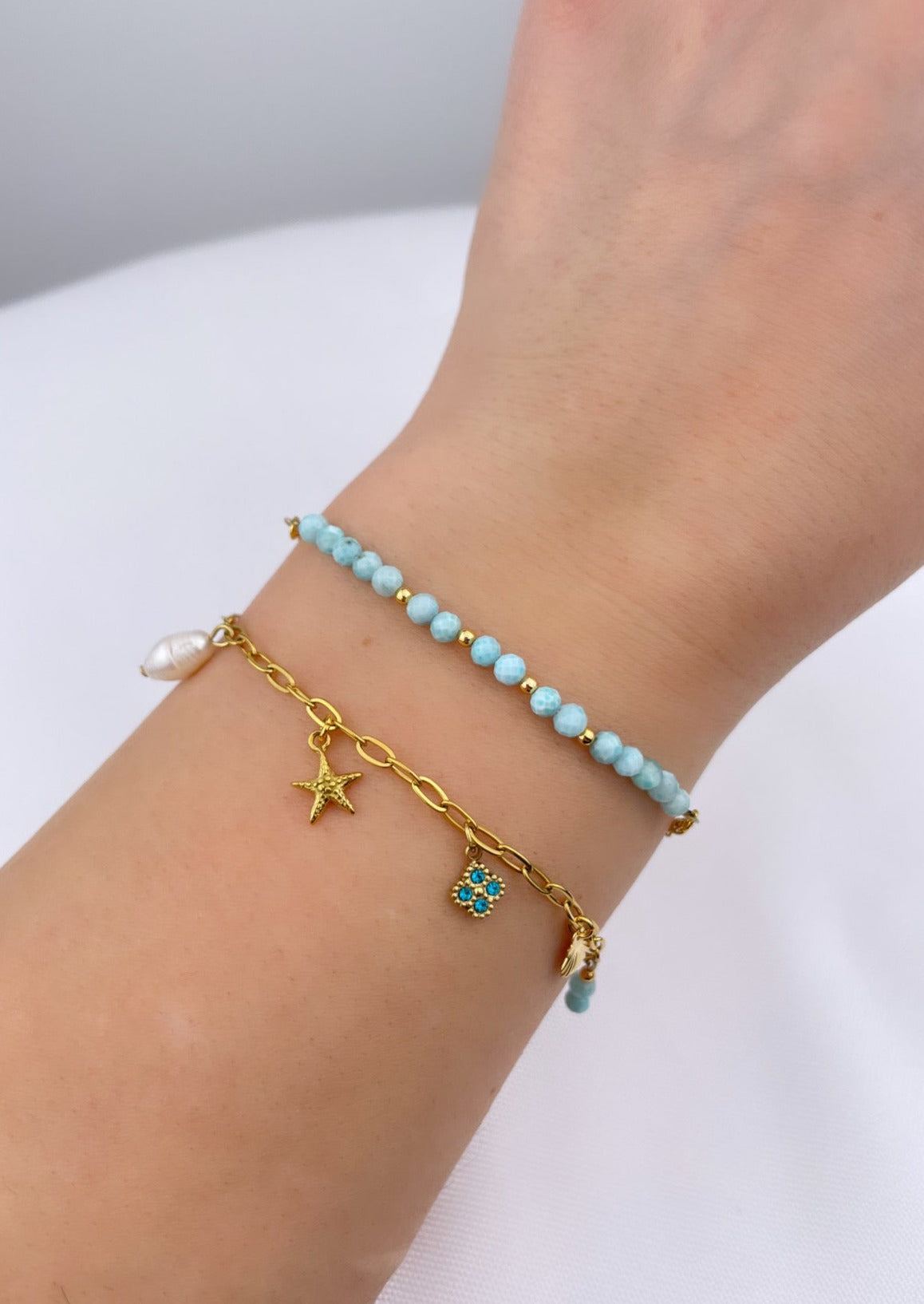 BLUE LAGOON - Charm bracelet, natural stones (Larimar) and natural pearl