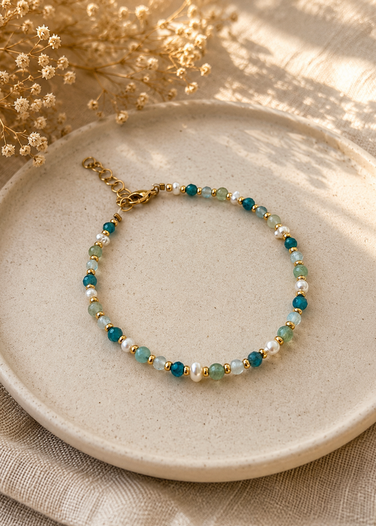 Bracelet aventurine apatite aigue-marine et perle d’eau douce