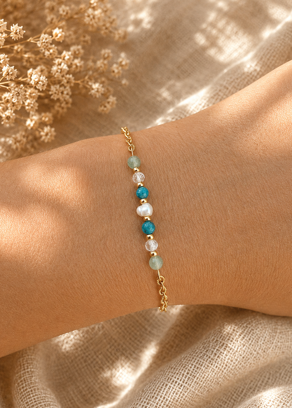 Bracelet femme apatite, aventurine, aigue marine, perle d'eau douce en acier inoxydable - idéee cadeau femme