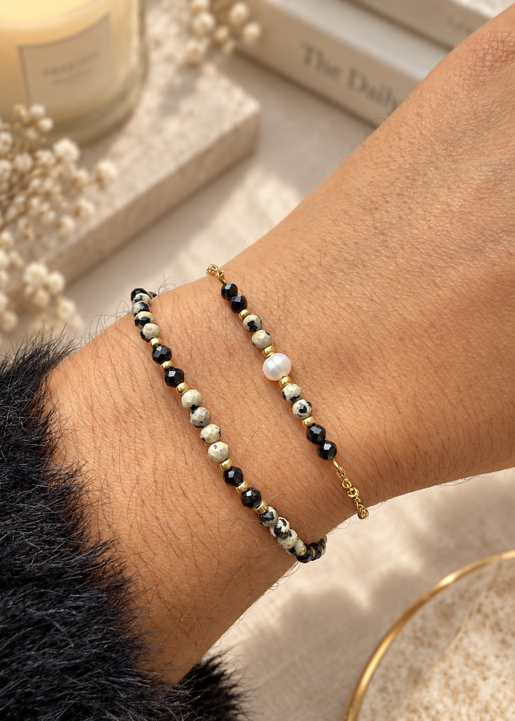 Bracelets femme en jaspe dalmatien et tourmaline, perle d'eau douce
