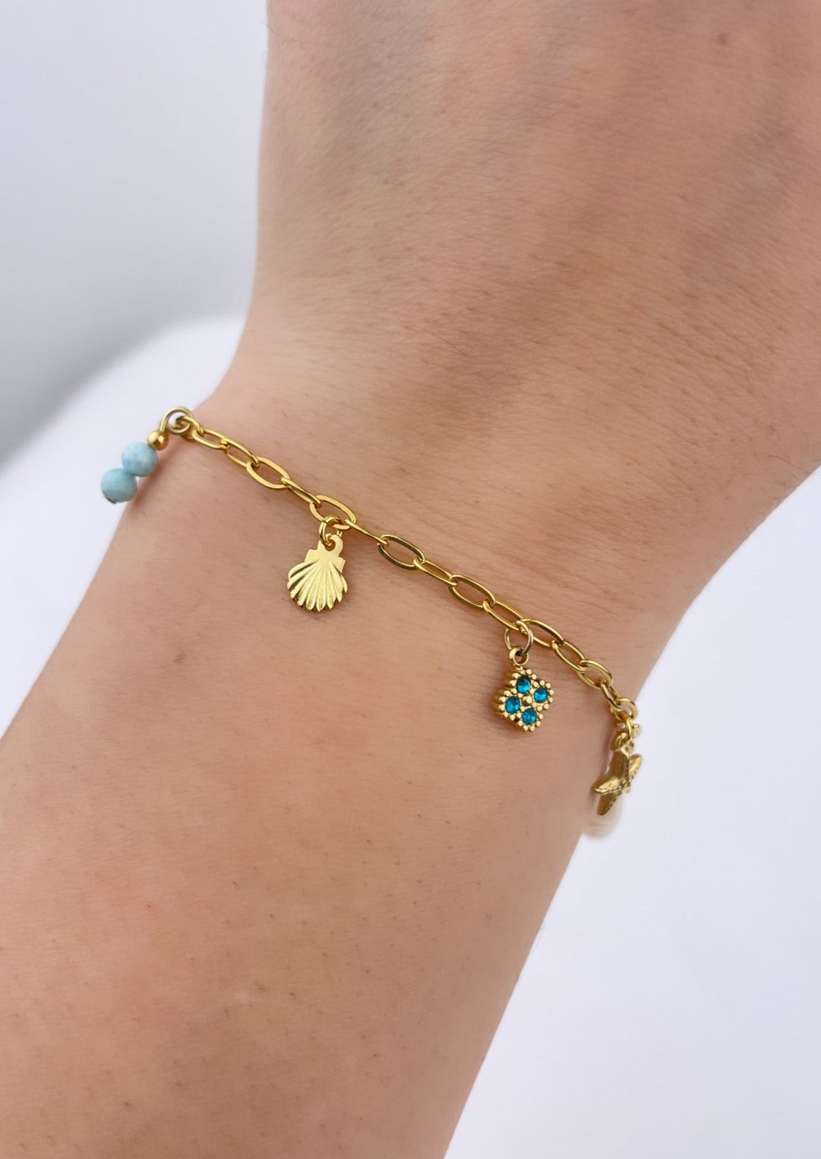 BLUE LAGOON - Charm bracelet, natural stones (Larimar) and natural pearl