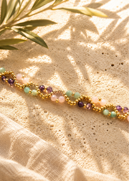 PILYANNA - Bracelet tressé amazonite & améthyste doré