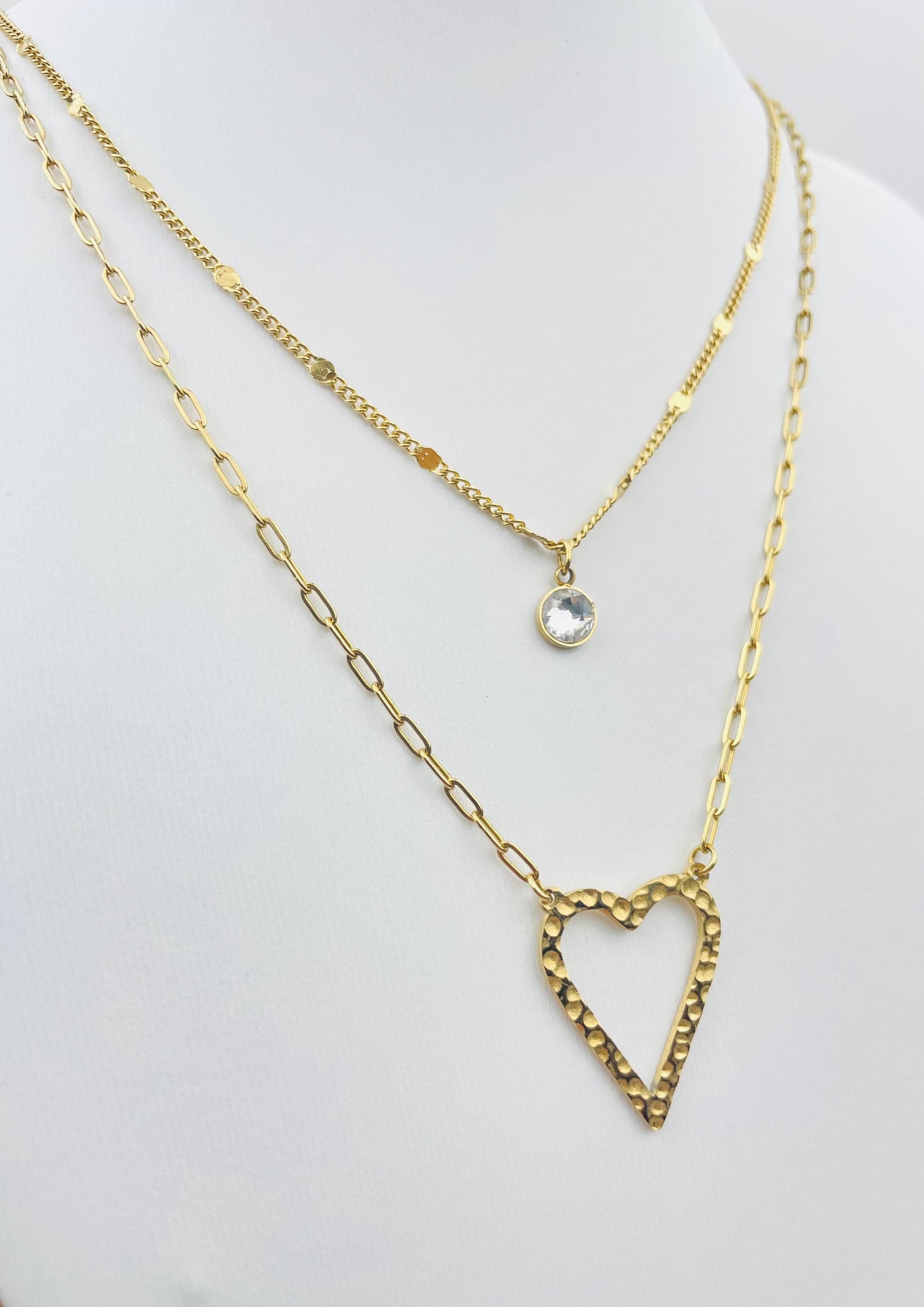 CELIAN - Collier Double Chaînes Doré avec Pendentif Cœur et Strass