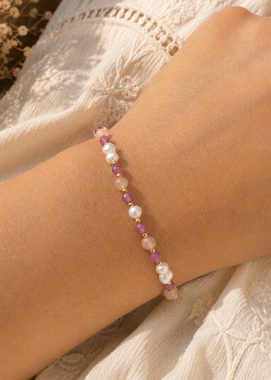 bracelet MaLya : pierres naturelles et perles d'eau douce - tourmaline, sunstone doré