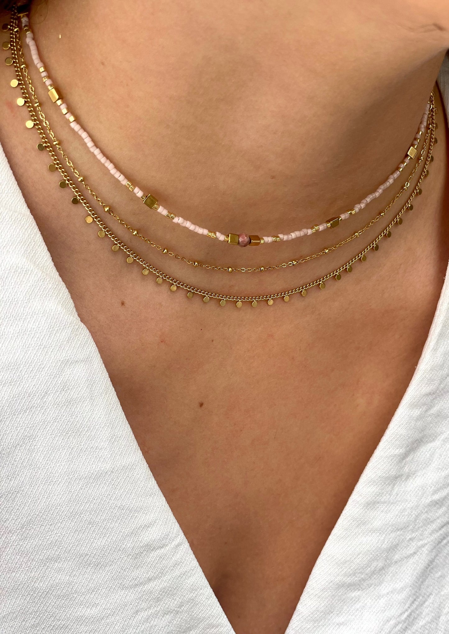 PASTILLAS - Collier deux chaînes dorées et pastilles