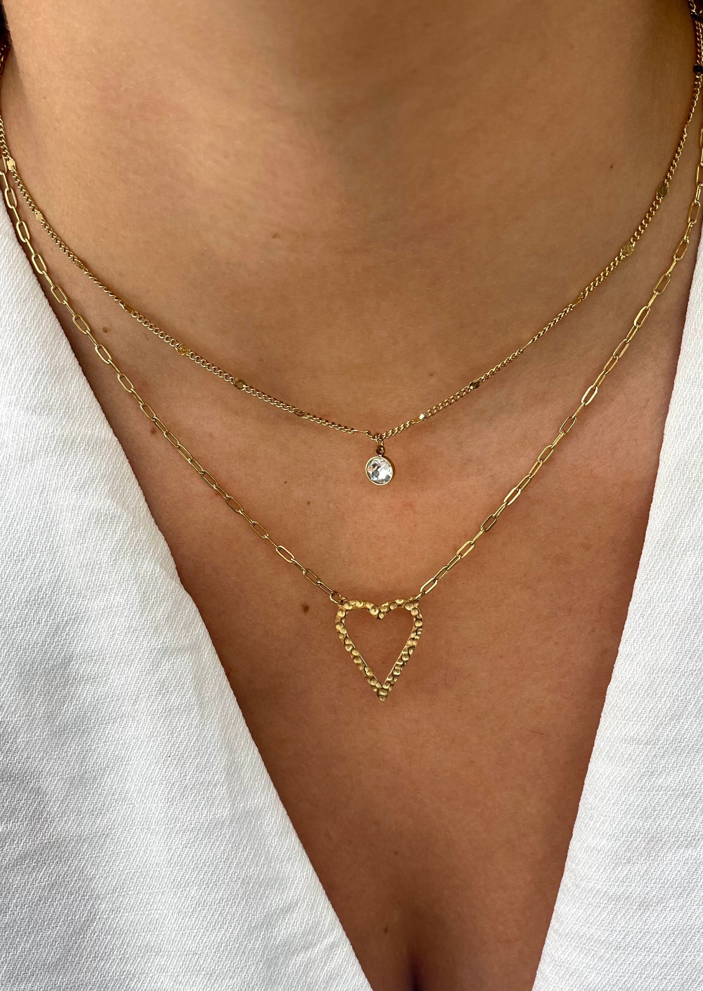 CELIAN - Collier Double Chaînes Doré avec Pendentif Cœur et Strass