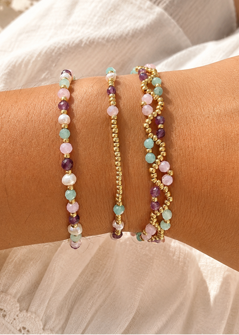 PIYA - Bracelet amazonite & améthyste doré/argenté