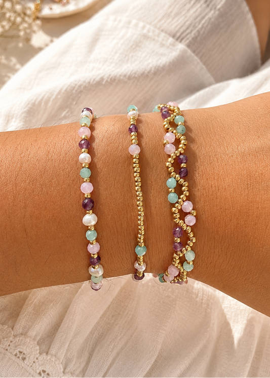 PILYANNA - Bracelet tressé amazonite & améthyste doré