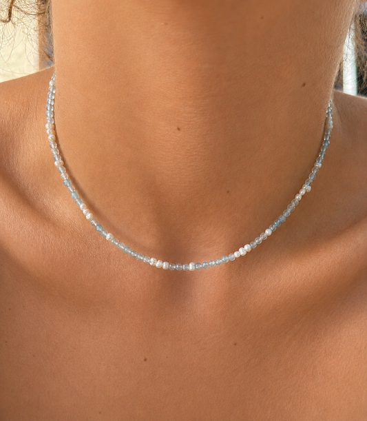 ARIANA - Collier ras du cou doré aigue-marine et perle d’eau douce