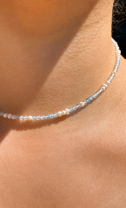 ARIANA - Collier ras du cou doré aigue-marine et perle d’eau douce