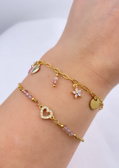 LOVE - Golden bracelet, natural stones (Quartz), heart and zirconium