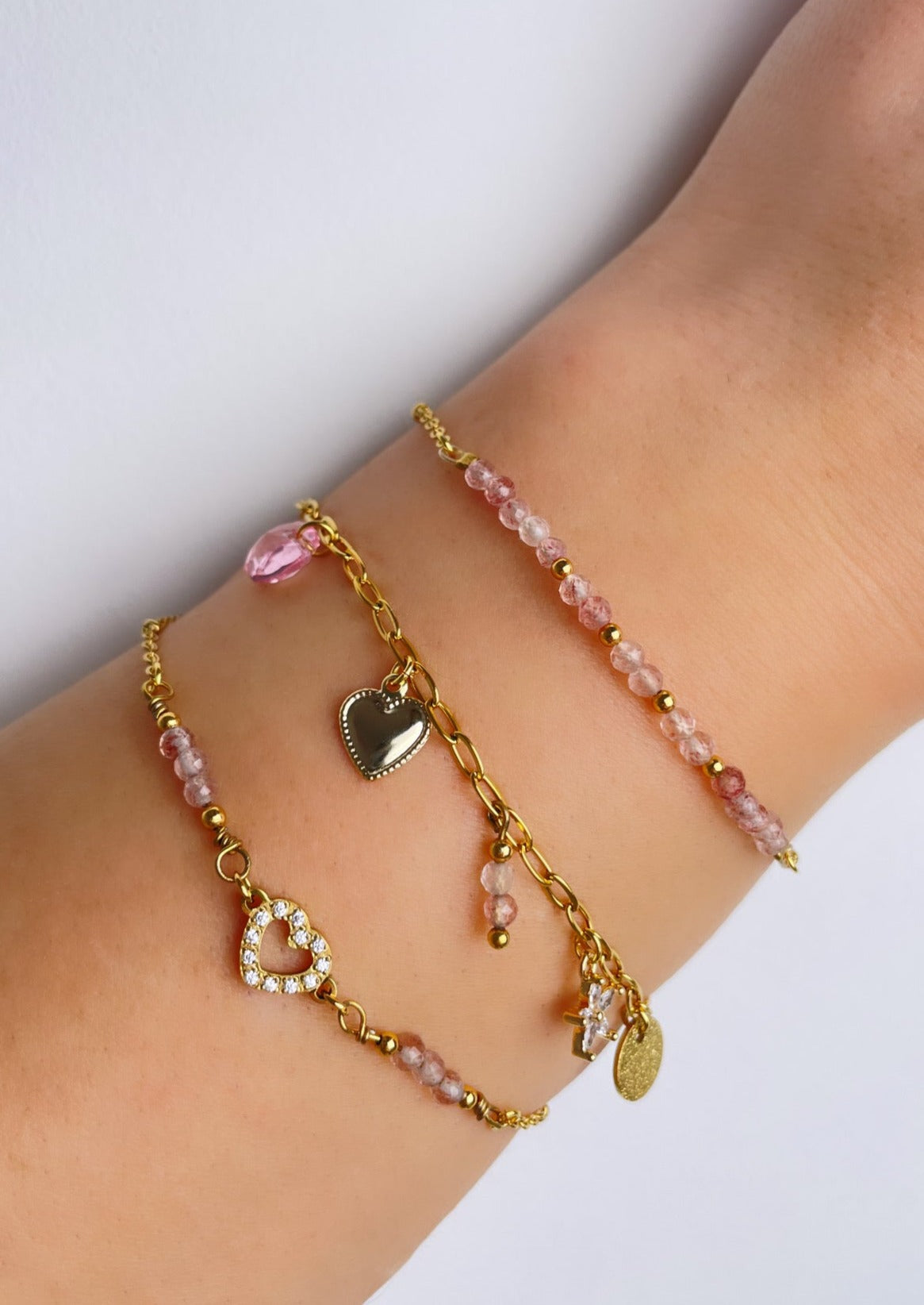 LOVE - Golden bracelet, natural stones (Quartz), heart and zirconium