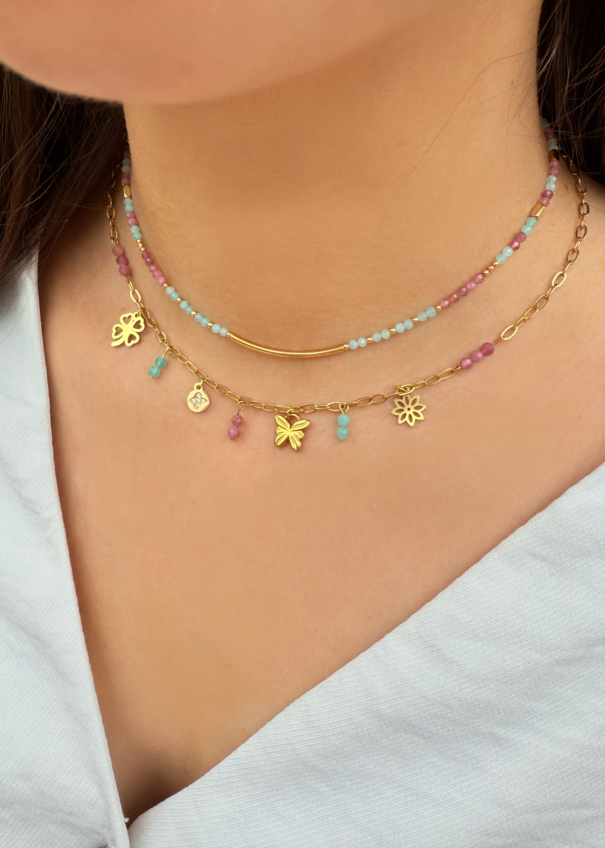 Bijoux ras de cou femme, bijoux pierres naturelles, collier breloques femme, collier breloques amazonite, collier amazonite et tourmaline, bijoux acier inoxydable femme ras de cou