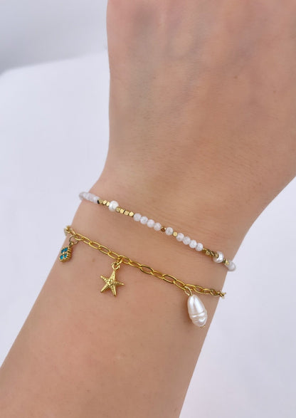 ELINE - Bracelet doré, pierres naturelles (Agate blanche ou Jaspe) et perles d'eau douce