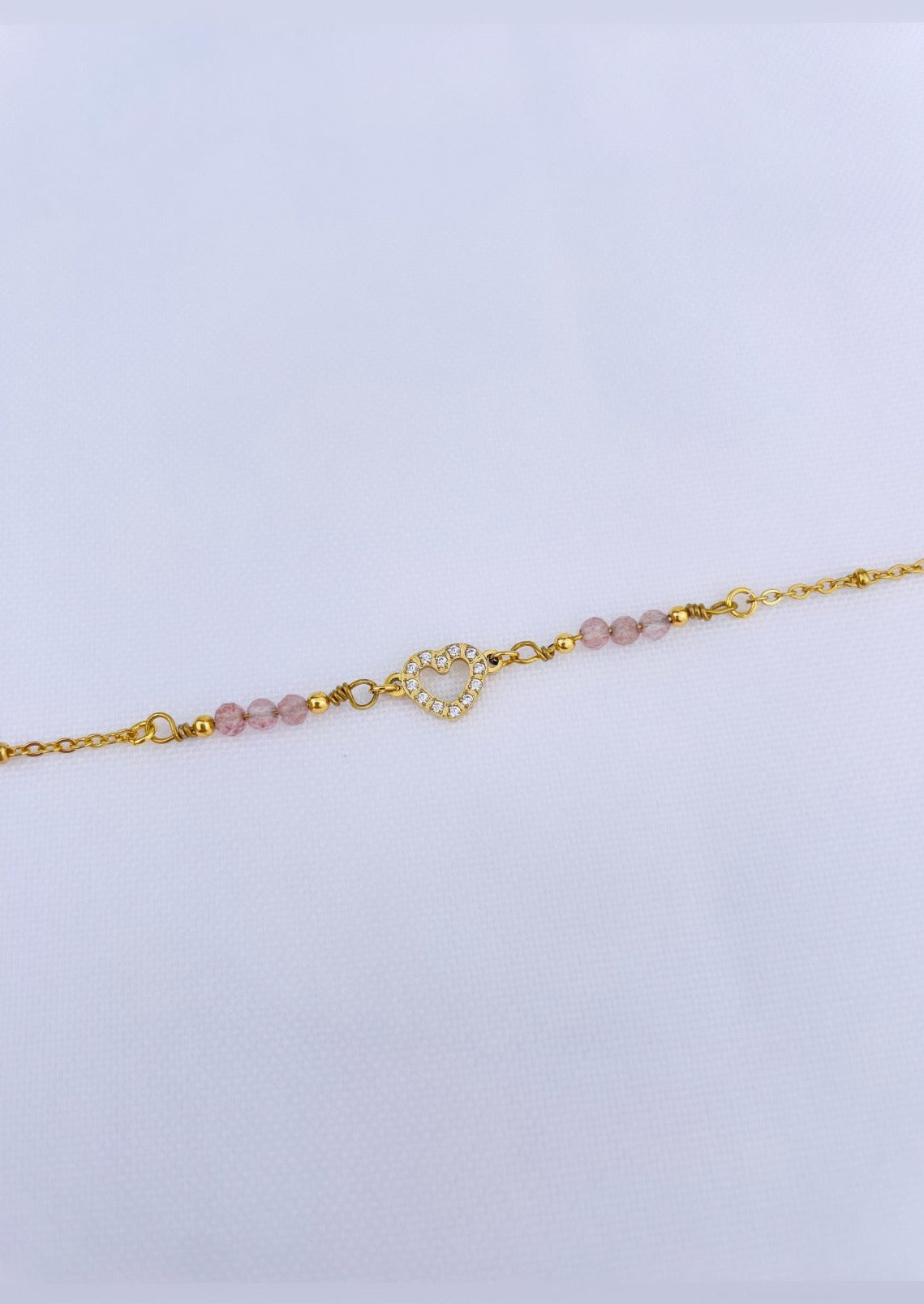 LOVE - Golden bracelet, natural stones (Quartz), heart and zirconium