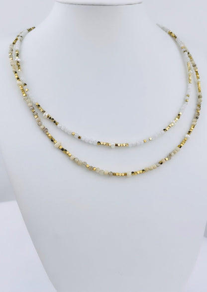 ELINE - Golden necklace, natural stones (White Agate or Jasper) and freshwater pearls