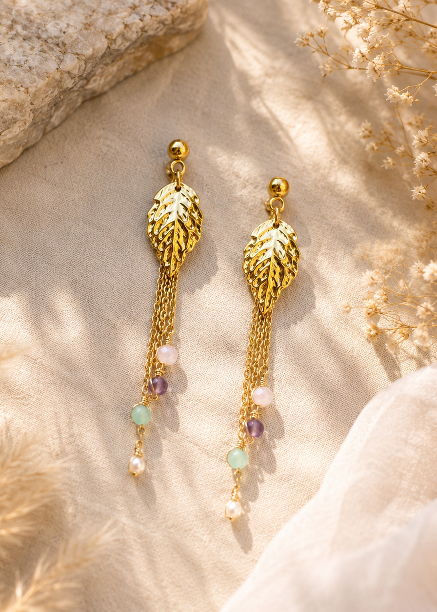Boucles d'oreilles feuilles et pierres naturelles