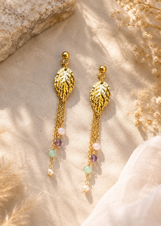 Boucles d'oreilles feuilles et pierres naturelles