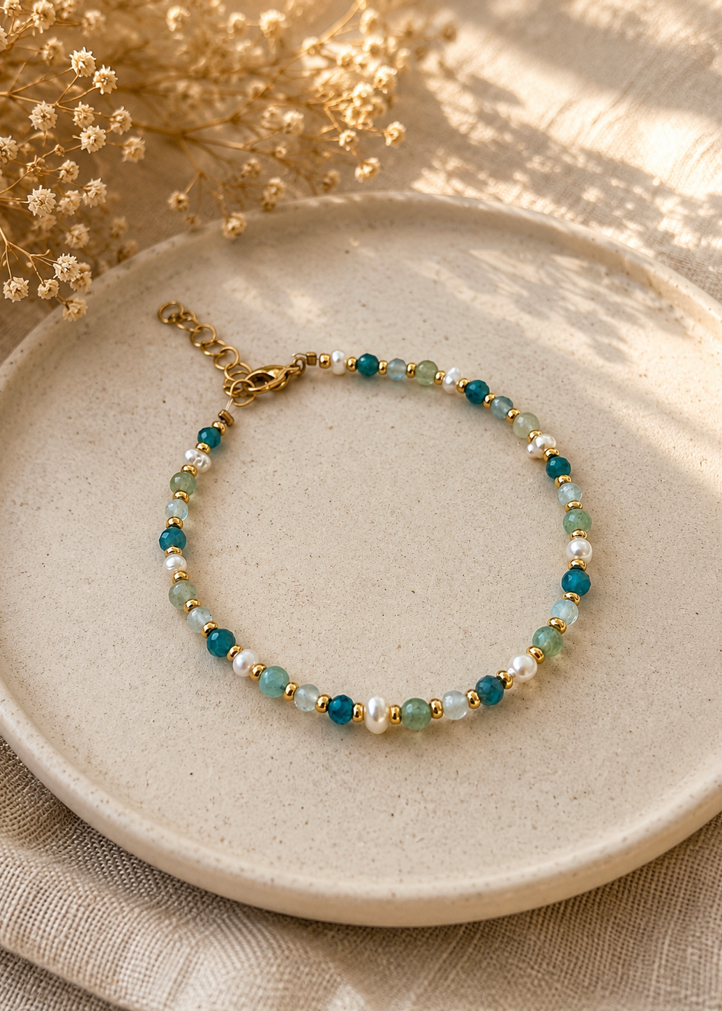 Bracelet aventurine apatite aigue-marine et perle d’eau douce