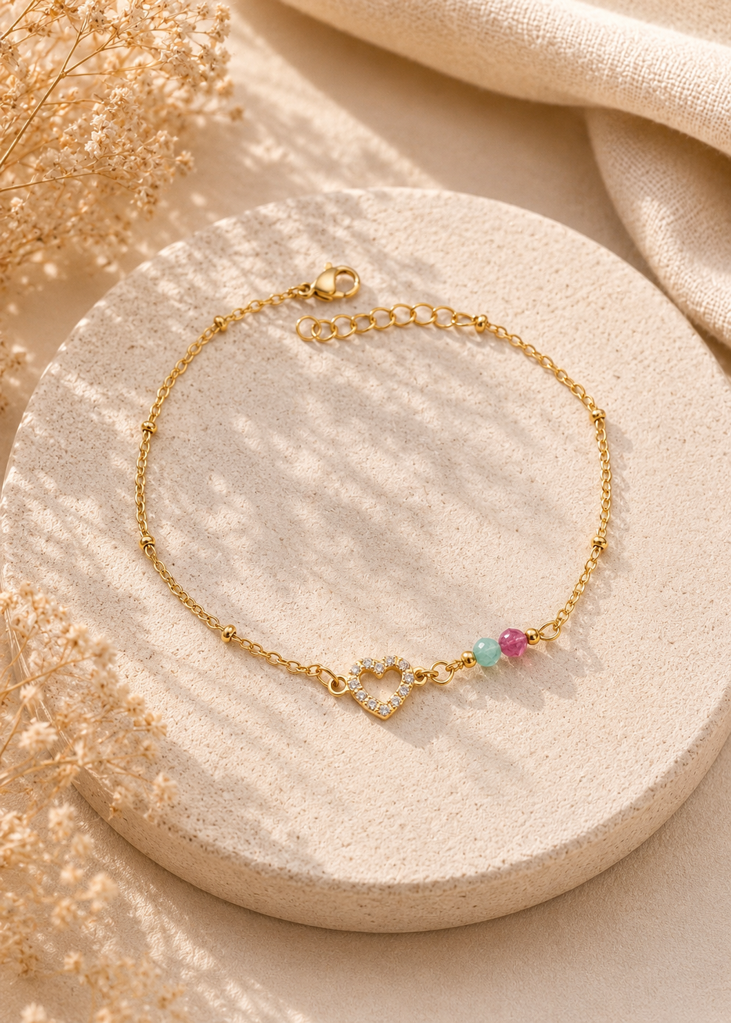 Bracelet coeur et pierre naturelle avec zirconium femme