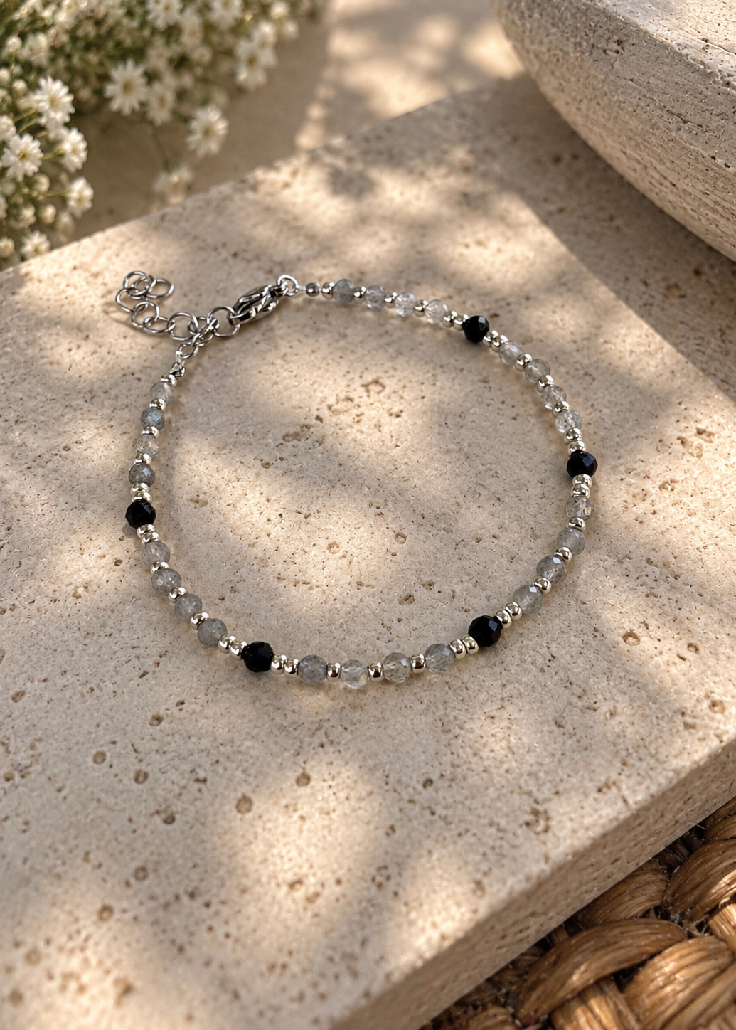 Bracelet en labradorite et tourmaline argenté 
