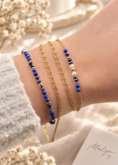 bijoux femme lapis-lazuli, bijoux fin et élégant femme - bijoux cadeau - cadeau pas cher - cadeau femme pas cher - bracelet en pierre naturelle lapis lazuli femme - bracelet lapis-lazuli et perles naturelles - bracelet lapis lazuli et acier inoxydable femme