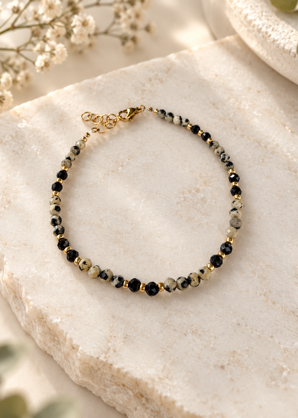 Bracelet jaspe dalmatien et tourmaline noire pour femme