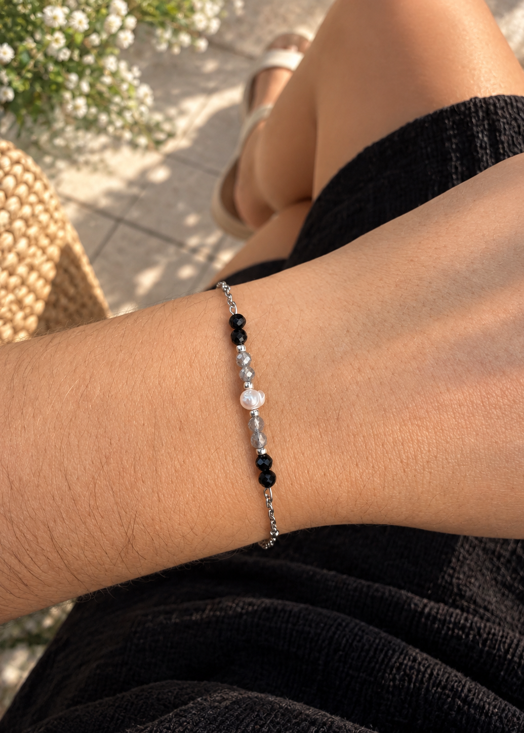 Bracelet minimaliste femme tourmaline noire et labradorite argenté