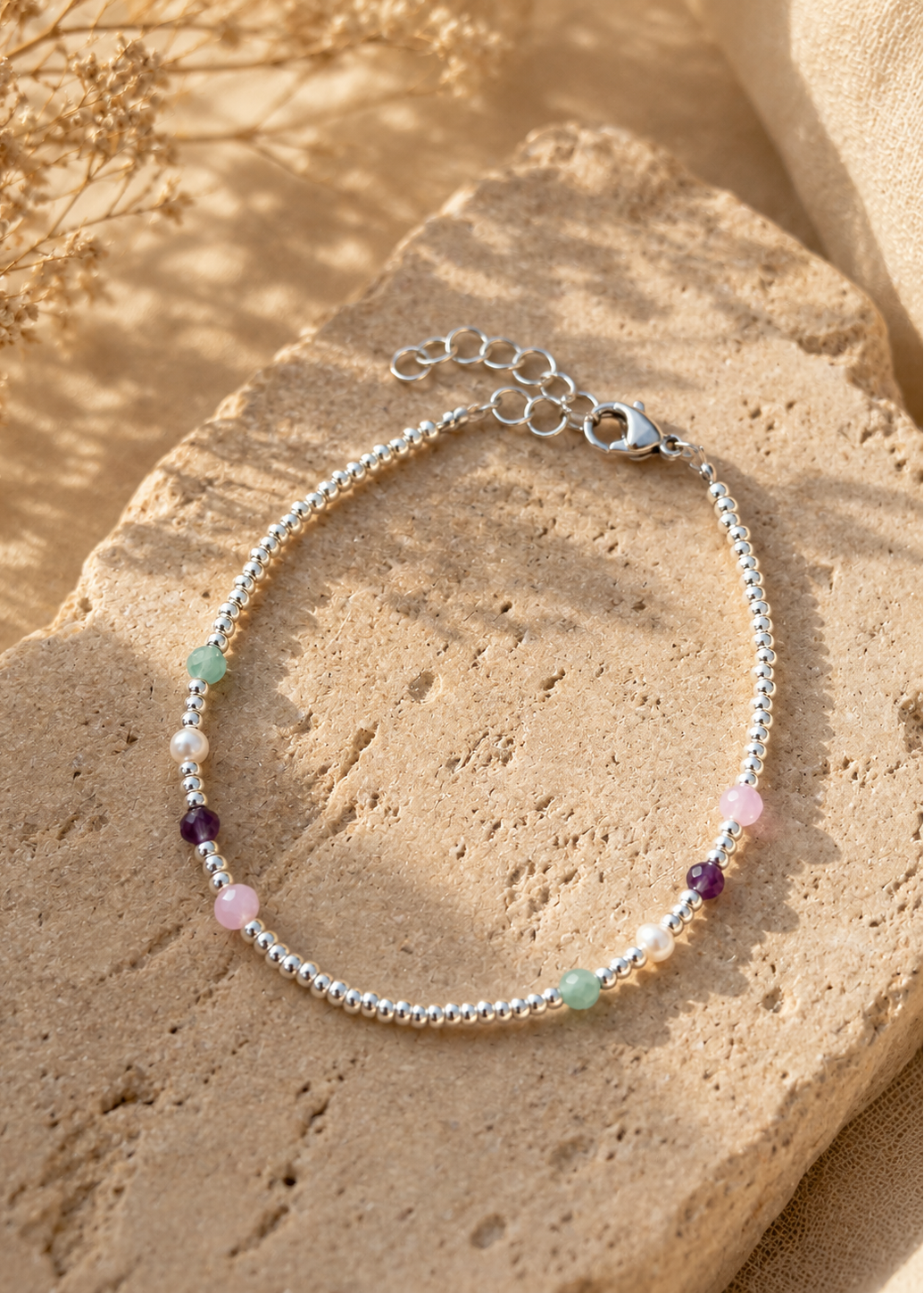 Bracelet pierres et perles femme argenté 