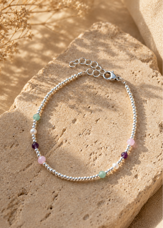 Bracelet pierres et perles femme argenté 