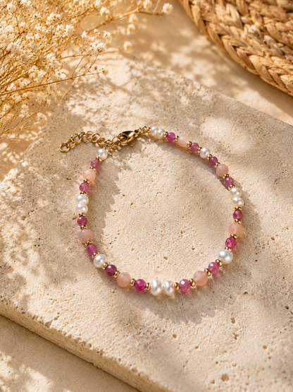 Bracelet tourmaline, pierre de solil, sunstone femme et perles d'eau douce