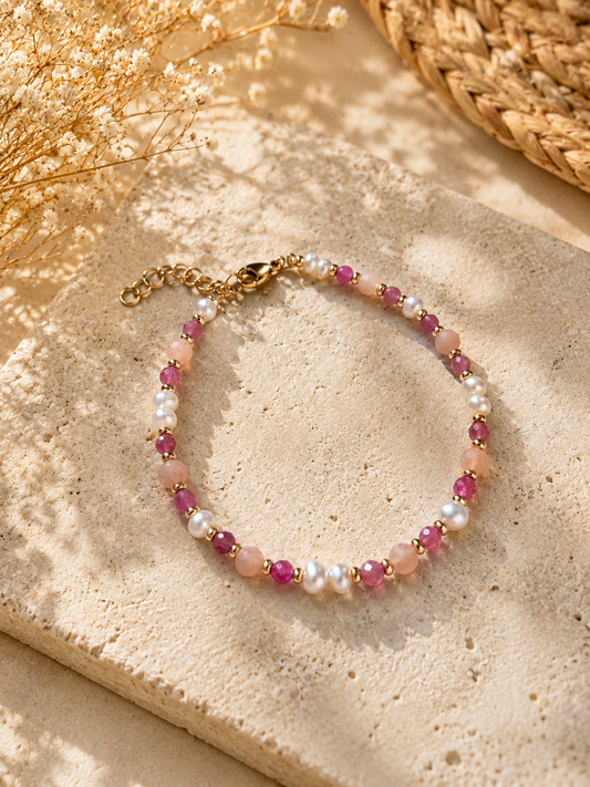 Bracelet tourmaline, pierre de solil, sunstone femme et perles d'eau douce