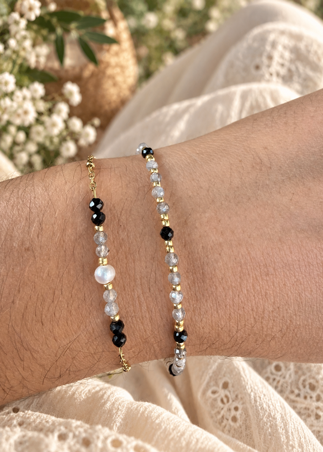 Bracelets en labradorite et tourmaline noire 