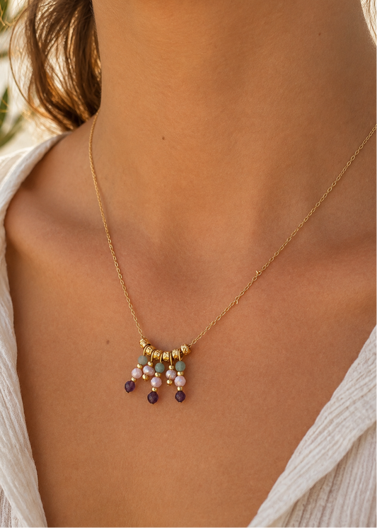 Collier amazonite, améthyste et perle d'eau douce - femme - idée cadeau 