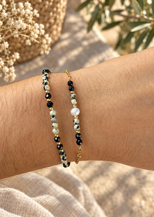 ILYONA mini– Bracelet en jaspe et tourmaline noire doré