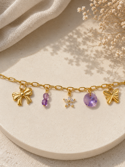 PURPLE - Bracelet breloques, pierres naturelles (Amethyste), cristal et zirconias