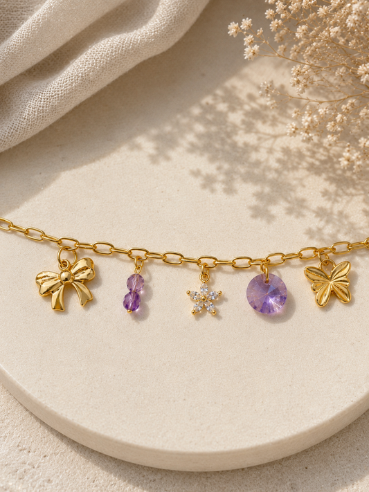 PURPLE - Bracelet breloques, pierres naturelles (Amethyste), cristal et zirconias