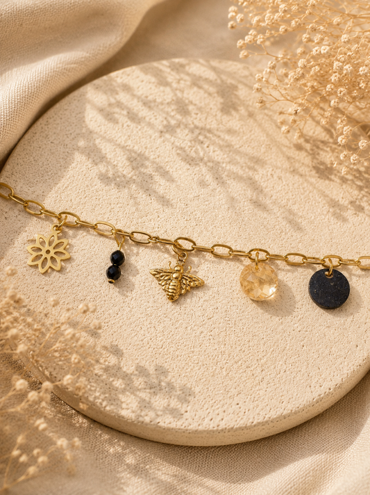 BEE - Bracelet breloques, pierres naturelles (Agate noire) et cristal