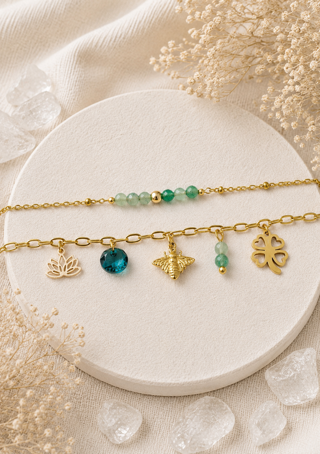 AVANA - Bracelet breloques, pierres naturelles (Aventurine) et cristal
