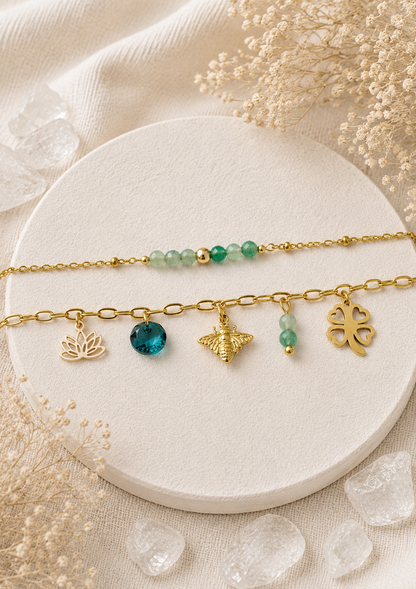 AVANA - Bracelet breloques, pierres naturelles (Aventurine) et cristal
