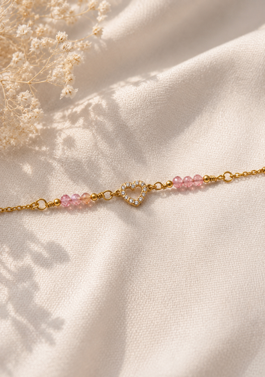 LOVE - Bracelet doré, pierres naturelles (Quartz), coeur et zirconium