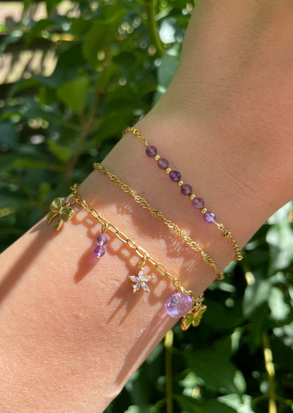 PURPLE - Bracelet breloques, pierres naturelles (Amethyste), cristal et zirconias