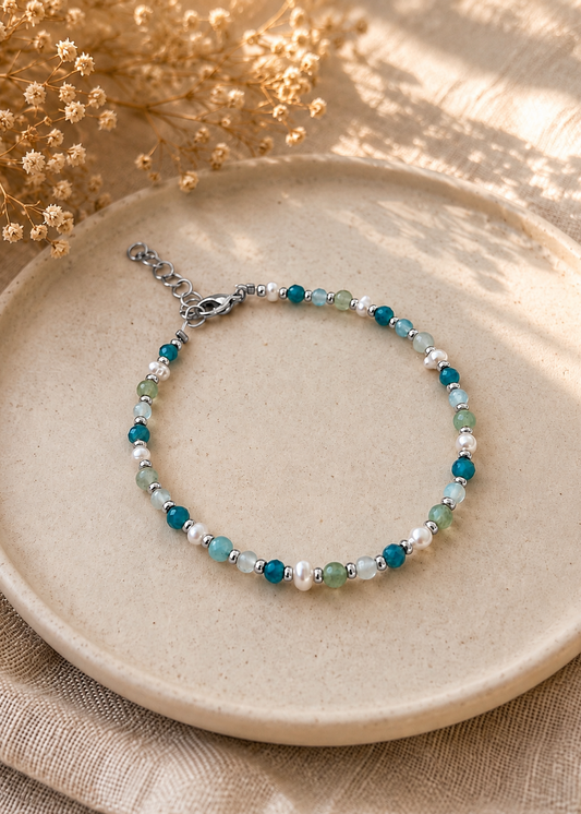 Bracelet en pierre apatite, aventurine, aigue marine et perle d'eau douce pour femme