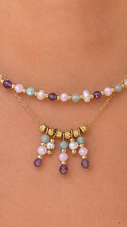PIPER - Collier amazonite & améthyste doré