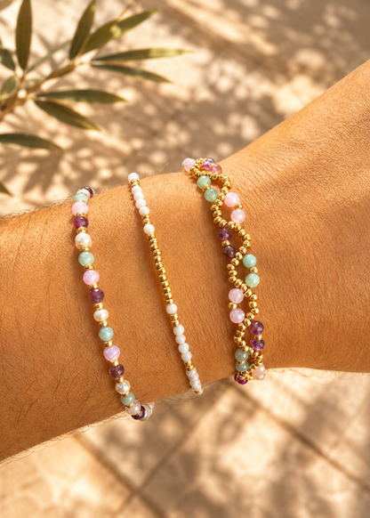 Trio de bracelets dorés pierres et perles femme  amazonite améthyste
