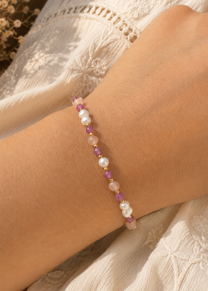 bracelet MaLya : pierres naturelles et perles d'eau douce - tourmaline, sunstone doré
