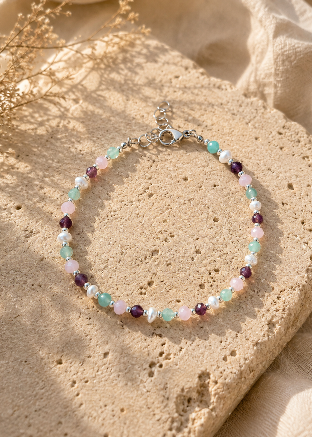 bracelet amazonite, perles d'eau douce et améthyste