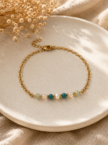 bracelet tendance en pierres naturelles : apatite, aventurine, aigue marine - abondance, clarté